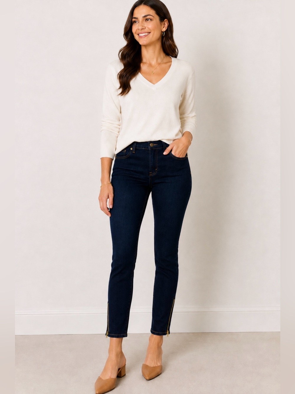 Tory Burch Women’s Size 29 Skinny Jeans Dark Wash Gold Ankle Zippers Ankle Lengt